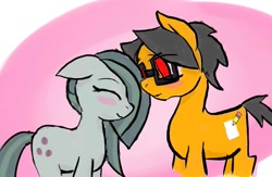 Size: 881x575 | Tagged: safe, artist:a.s.e, character:marble pie, oc, oc:a.s.e, species:pony, canon x oc, couple, female, glasses, happy, male, mare, pink background, shipping, simple background, smiling, stallion, together