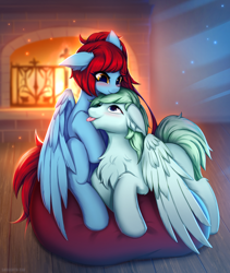Size: 1080x1280 | Tagged: safe, artist:shoggoth-tan, oc, oc only, species:pegasus, species:pony, beanbag chair, blushing, chest fluff, cuddling, cute, duo, ear fluff, female, fire, fireplace, floppy ears, fluffy, male, mare, stallion, tongue out, wings