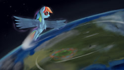 Size: 1280x720 | Tagged: safe, artist:taggerung, character:rainbow dash, species:pegasus, species:pony, female, flying, mare, planet, solo, sonic rainboom, space, spread wings, wings