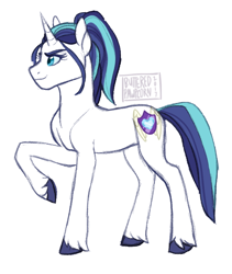 Size: 512x608 | Tagged: safe, artist:butteredpawpcorn, oc, oc only, oc:princess valiance, parent:princess cadance, parent:shining armor, parents:shiningcadance, species:pony, species:unicorn, female, mare, not gleaming shield, offspring, raised hoof, simple background, solo, unshorn fetlocks, white background