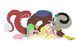 Size: 8093x4494 | Tagged: safe, artist:snspony, derpibooru original, character:discord, character:fluttershy, species:draconequus, species:pegasus, species:pony, ship:discoshy, adorasexy, blushing, cute, discute, female, kissing, male, sexy, shipping, shyabetes, straight, stupid sexy discord