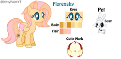 Size: 2448x1208 | Tagged: safe, artist:kittypaintyt, artist:leiloaf, base used, oc, oc only, oc:florenshy, oc:sussy, parent:angel bunny, parent:big macintosh, parent:fluttershy, parents:fluttermac, species:pegasus, species:pony, species:rabbit, animal, apple, blue eyes, coat markings, color palette, colored wings, cutie mark, duo, duo oc, eye, eyes, female, filly, food, freckles, offspring, orange coat, pet oc, reference sheet, solo, two toned mane, two toned tail, unshorn fetlocks, watermark, wings