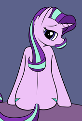 Size: 1700x2500 | Tagged: safe, artist:shobieshy, derpibooru original, character:starlight glimmer, species:pony, species:unicorn, back, both cutie marks, butt shot, female, heart eyes, looking at you, mare, simple background, sitting, solo, wingding eyes