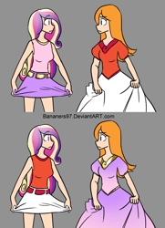 Size: 1140x1575 | Tagged: safe, artist:bananimationofficial, character:princess cadance, species:human, candace flynn, clothes swap, clothing, cosplay, costume, crossover, humanized, looking at each other, phineas and ferb