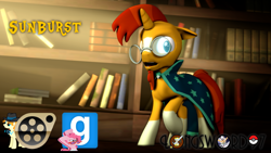 Size: 1280x720 | Tagged: safe, artist:longsword97, character:pinkie pie, character:somnambula, character:sunburst, species:earth pony, species:pegasus, species:pony, species:unicorn, g4, 3d, beard, book, bookshelf, cape, clothing, crossover, facial hair, female, glasses, gmod, looking at you, male, mare, pokéball, pokémon, shocked, solo focus, source filmmaker, stallion
