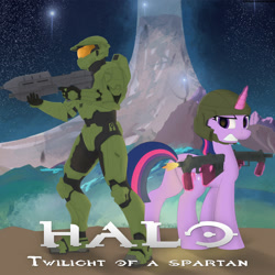 Size: 2000x2000 | Tagged: safe, artist:str1ker878, character:twilight sparkle, character:twilight sparkle (alicorn), species:alicorn, species:pony, glowing horn, gun, halo (series), halo array, horn, magic, master chief, submachinegun, telekinesis, weapon