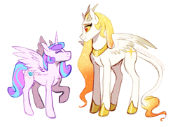 Size: 921x669 | Tagged: safe, artist:butteredpawpcorn, character:princess flurry heart, oc, oc:princess dissonance, parent:discord, parent:princess celestia, parents:dislestia, species:alicorn, species:pony, duo, ethereal mane, eyes closed, horns, hybrid, interspecies offspring, leonine tail, offspring, older, older flurry heart, simple background, white background