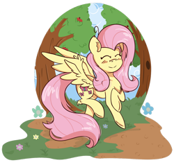 Size: 1024x976 | Tagged: safe, artist:twittershy, character:fluttershy, species:pegasus, species:pony, blushing, eyes closed, female, mare, outdoors, partial background, prancing, simple background, smiling, solo, spread wings, stray strand, transparent background, tree, wings