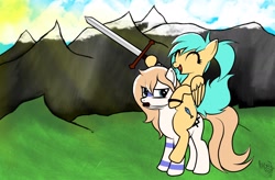 Size: 1650x1080 | Tagged: safe, artist:arrgus-korr, base used, oc, oc:aqua sunshine, oc:star north, species:earth pony, species:pegasus, species:pony, disgusted, full body, mountain, oc x oc, piercing, ponies riding ponies, riding, shipping, smiling, sword, tattoo, weapon