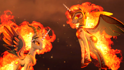 Size: 3840x2160 | Tagged: safe, artist:twilighlot, character:daybreaker, character:nightmare star, character:princess celestia, 3d, fight, fire, magic, solarflareseries, source filmmaker, vs