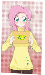 Size: 1037x1713 | Tagged: safe, artist:stalemeat, character:fluttershy, species:human, anime, blushing, breasts, busty fluttershy, clothing, cute, cutie mark accessory, cutie mark earrings, female, flutteryay, humanized, nail polish, shyabetes, sign, solo, sweater, sweatershy, yay