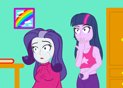Size: 1020x732 | Tagged: safe, artist:jpgr, character:rarity, character:twilight sparkle, my little pony:equestria girls, :o, alternate hairstyle, book, clothing, crying, female, open mouth, rainbow, razor, sitting, surprised