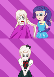 Size: 1020x1464 | Tagged: safe, artist:jpgr, character:rarity, species:human, my little pony:equestria girls, :o, abstract background, bow, clothing, dress, female, hair bow, humanized, makeup, open mouth, scissors