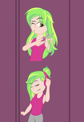 Size: 1020x1464 | Tagged: safe, artist:jpgr, character:lemon zest, species:human, my little pony:equestria girls, abstract background, alternate hairstyle, clothing, eyes closed, female, headphones, one eye closed, scissors, wink