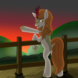 Size: 4096x4096 | Tagged: safe, artist:fireryd3r, character:autumn blaze, species:kirin, awwtumn blaze, beautiful, bipedal, cute, dock, female, fence, gate, glowing eyes, hill, looking at you, looking back, looking back at you, open mouth, pointing, raised hoof, solo, sunset, underhoof, view, yellow eyes
