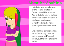 Size: 1020x732 | Tagged: safe, artist:jpgr, oc, oc only, oc:mitsuha asahina, species:human, abstract background, clothing, crossed arms, dreamworks face, eyebrows, eyebrows visible through hair, eyelashes, female, humanized, makeup, palindrome get, reference sheet