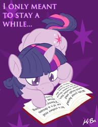 Size: 500x647 | Tagged: safe, artist:kevinbolk, character:twilight sparkle, character:twilight sparkle (unicorn), species:pony, species:unicorn, g4, book, colored pupils, cutie mark background, electric light orchestra, female, lyrics, mare, photoshop, prone, reading, solo, song reference, twilight (song)