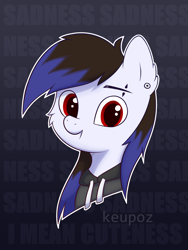Size: 1536x2048 | Tagged: safe, artist:keupoz, oc, oc only, oc:keupoz, species:earth pony, species:pony, abstract background, clothing, hoodie, piercing, text