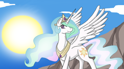 Size: 800x444 | Tagged: safe, artist:himanuts, character:princess celestia, species:alicorn, species:pony, female, mare, peytral, smiling, solo, spread wings, sun, wings