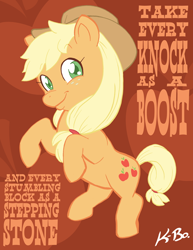 Size: 500x647 | Tagged: safe, artist:kevinbolk, character:applejack, species:earth pony, species:pony, g4, colored pupils, cutie mark background, eric bibb, female, just keep going on, mare, photoshop, rearing, solo, song reference