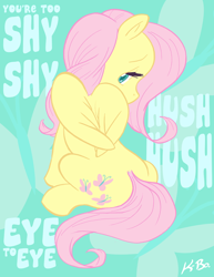 Size: 500x647 | Tagged: safe, artist:kevinbolk, character:fluttershy, species:pegasus, species:pony, g4, colored pupils, cutie mark background, female, kajagoogoo, looking back, mare, photoshop, rear view, sitting, solo, song reference, too shy