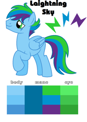 Size: 748x1053 | Tagged: safe, artist:soarindash10, oc, oc only, parent:rainbow dash, parent:soarin', parents:soarindash, species:pegasus, species:pony, color palette, cutie mark, lightning, multicolored hair, next generation, offspring, pegasus oc, simple background, solo, wings