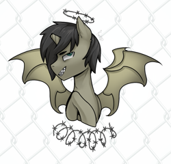 Size: 799x768 | Tagged: safe, artist:magicstarfriends, oc, oc only, oc:schurl miller, species:bat pony, barbed wire, broken horn, grin, horn, smiling, spread wings, wings