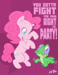 Size: 500x647 | Tagged: safe, artist:kevinbolk, character:gummy, character:pinkie pie, species:earth pony, species:pony, beastie boys, colored pupils, cutie mark background, dancing, female, fight for your right, happy, mare, photoshop, rearing, song reference