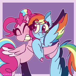 Size: 1000x1000 | Tagged: safe, artist:rubyg242, character:pinkie pie, character:rainbow dash, species:pegasus, species:pony, ship:pinkiedash, g5 leak, leak, colored wings, duo, female, hooves, hug, lesbian, mare, multicolored wings, pinkie pie (g5), rainbow dash (g5), rainbow wings, redesign, shipping, simple background, smiling, spread wings, wings