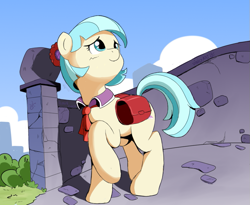Size: 831x680 | Tagged: safe, artist:vinilyart, character:coco pommel, species:earth pony, species:pony, bridge, cocobetes, corral park, cute, female, looking up, manehattan, mare, one hoof raised, solo