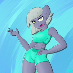 Size: 4000x4000 | Tagged: safe, artist:yenchey, character:limestone pie, species:anthro, breasts, clothing, confident, female, gym shorts, hand on hip, shorts, simple background, solo, sports bra, sports shorts, sporty style, sultry pose, tank top, tomboy