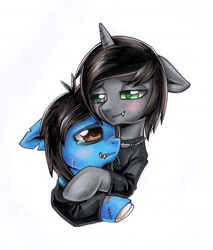 Size: 1417x1660 | Tagged: safe, artist:ailish, species:pony, species:unicorn, bloodshot eyes, blushing, bone, bring me the horizon, bust, clothing, colored pupils, commission, crying, disguise, disguised siren, fangs, floppy ears, gay, horn, hug, jewelry, kellin quinn, lip piercing, male, necklace, oliver sykes, piercing, ponified, scar, shirt, simple background, sleeping with sirens, slit eyes, stallion, stitches, t-shirt, tattoo, torn ear, traditional art, undead, white background, ych result, zombie, zombie pony
