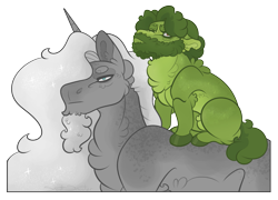 Size: 1693x1217 | Tagged: safe, artist:snootsnooter, oc, oc only, oc:citrus pickles, oc:pablo, species:classical unicorn, species:earth pony, species:pony, species:unicorn, snootverse, cloven hooves, leonine tail, simple background, transparent background, unshorn fetlocks