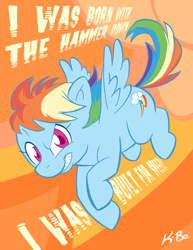 Size: 500x647 | Tagged: safe, artist:kevinbolk, character:rainbow dash, species:pegasus, species:pony, built for speed, colored pupils, cutie mark background, female, flying, grin, looking at you, mare, motorhead, photoshop, raised eyebrow, solo, song reference, spread wings, wings
