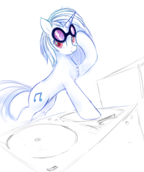 Size: 1152x1376 | Tagged: safe, artist:some_ponu, character:dj pon-3, character:vinyl scratch, species:pony, species:unicorn, chest fluff, female, sketch, solo, turntable, vinyl's glasses