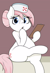 Size: 1910x2766 | Tagged: dead source, safe, artist:blitzyflair, character:nurse redheart, species:earth pony, species:pony, chubby, crossed legs, cute, female, looking at you, mare, nurse roundheart, simple background, solo, wide hips, worried