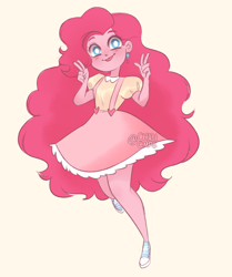 Size: 500x599 | Tagged: safe, artist:chibicmps, character:pinkie pie, my little pony:equestria girls, beige background, blep, clothing, converse, cute, cutie mark accessory, cutie mark earrings, diapinkes, dress, earring, female, peace sign, shoes, solo, tongue out