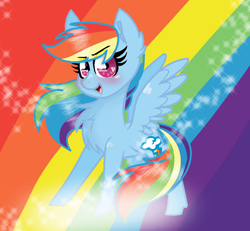 Size: 1032x954 | Tagged: safe, artist:sirena-flitter, character:rainbow dash, species:pegasus, species:pony, blushing, chest fluff, cute, dashabetes, determined, ear fluff, female, looking at you, open mouth, rainbow, rainbow background, smiling, smiling at you, solo, sparkles, spread wings, wings