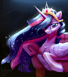 Size: 3280x3720 | Tagged: safe, artist:teaflower300, character:twilight sparkle, character:twilight sparkle (alicorn), species:alicorn, species:pony, episode:the last problem, g4, my little pony: friendship is magic, cheek fluff, chest fluff, couch, crown, ear fluff, female, high res, jewelry, looking at you, lying down, mare, necklace, older, older twilight, princess twilight 2.0, regalia, solo, tiara, unshorn fetlocks