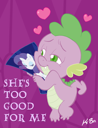 Size: 500x647 | Tagged: safe, artist:kevinbolk, character:rarity, character:spike, species:dragon, ship:sparity, g4, colored pupils, heart, male, photoshop, she's too good for me, shipping, song reference, sting, straight