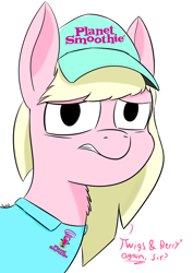 Size: 4092x5787 | Tagged: safe, artist:tazool, oc, bust, clothing, dead inside, depressed, dialogue, employee, female, hat, looking at you, planet smoothie, question, simple background, smoothie, solo, uniform, white background