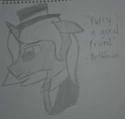 Size: 1345x1280 | Tagged: safe, artist:symphonydawn3, oc, oc only, oc:nethlarion, species:pony, species:unicorn, clothing, coat, hat, male, monochrome, necktie, quote, solo, stallion, steampunk, sunglasses, traditional art