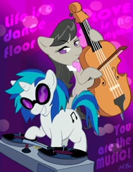 Size: 600x776 | Tagged: safe, artist:kevinbolk, character:dj pon-3, character:octavia melody, character:vinyl scratch, species:earth pony, species:pony, species:unicorn, cello, female, god is a dj, mare, musical instrument, p!nk, photoshop, song reference