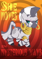 Size: 600x840 | Tagged: safe, artist:kevinbolk, character:zecora, species:zebra, g4, female, mysterious ways, photoshop, solo, song reference, u2
