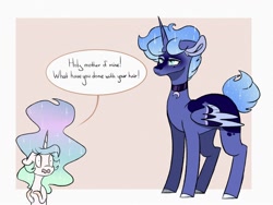Size: 1600x1200 | Tagged: safe, artist:arirain, character:princess celestia, character:princess luna, species:alicorn, species:pony, alternate hairstyle, choker, dialogue, duo, female, mare, royal sisters, s1 luna, shocked, short hair, short tail, siblings, sisters, speech bubble