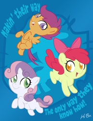Size: 600x776 | Tagged: safe, artist:kevinbolk, character:apple bloom, character:scootaloo, character:sweetie belle, species:earth pony, species:pegasus, species:pony, species:unicorn, g4, colored pupils, cutie mark crusaders, female, filly, photoshop, song reference, the dukes of hazzard, waylon jennings