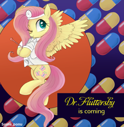 Size: 1297x1331 | Tagged: safe, artist:some_ponu, character:fluttershy, species:pegasus, species:pony, cute, doctor, doctor fluttershy, dr. mario, female, hoof hold, hooves to the chest, looking at you, mare, one eye closed, shyabetes, solo, spread wings, stethoscope, thermometer, three quarter view, wings, wink, winking at you