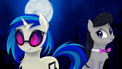Size: 1280x720 | Tagged: safe, artist:some_ponu, character:dj pon-3, character:octavia melody, character:vinyl scratch, species:earth pony, species:pony, species:unicorn, ship:scratchtavia, cute, female, lesbian, night, shipping, vinyl's glasses
