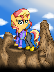 Size: 3024x4032 | Tagged: safe, artist:background basset, derpibooru original, character:sunset shimmer, species:pony, species:unicorn, capsule corp, clothing, cosplay, costume, dragon ball z, female, future trunks, mirai trunks, parody, solo, sword, weapon