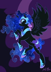 Size: 600x840 | Tagged: safe, artist:kevinbolk, character:nightmare moon, character:princess luna, species:alicorn, species:pony, g4, abstract background, action pose, ethereal mane, female, galaxy mane, hoof shoes, mare, moon, photoshop, rearing, solo